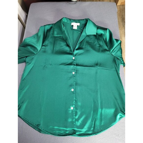 Rachel Zoe XL Satin Green Button Down Blouse Holiday Glam Jewel Tone Secretary - Picture 8 of 8